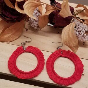 Handmade Red Fringe Hoop Earrings – Bold Boho Statement Jewelry